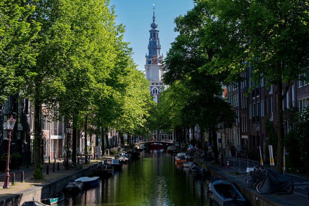 Rij karakteristieke Nederlandse grachtenpanden aan het water